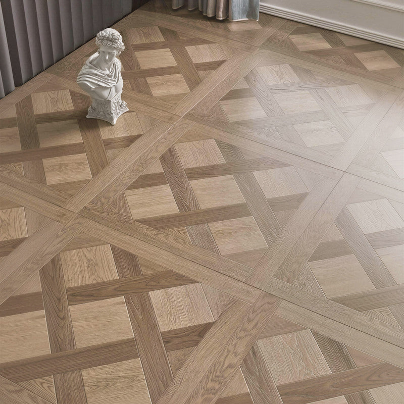 Greige Oak 12 mm T x 24 in. W x 24 in. L AC5 Versailles Parquet Laminate Flooring (24 sq. ft./Case)