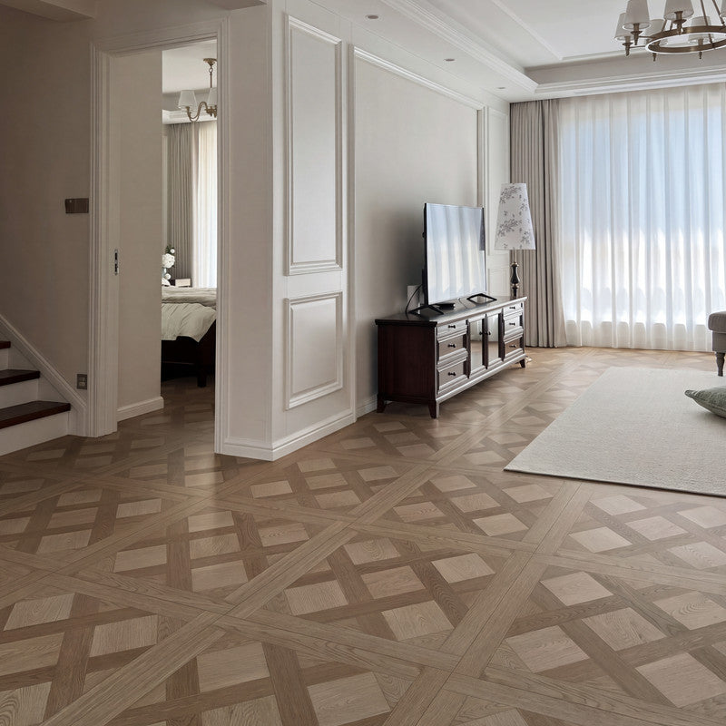 Greige Oak 12 mm T x 24 in. W x 24 in. L AC5 Versailles Parquet Laminate Flooring (24 sq. ft./Case)