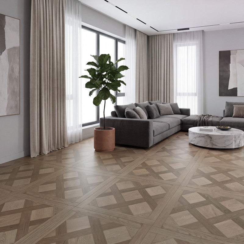 Greige Oak 12 mm T x 24 in. W x 24 in. L AC5 Versailles Parquet Laminate Flooring (24 sq. ft./Case)
