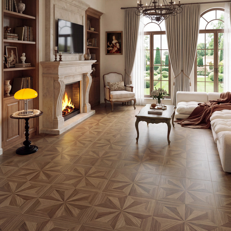Warm Walnut 12 mm T x 24 in. W x 48 in. L AC5 Starburst Parquet Laminate Flooring (48 sq. ft./Case)