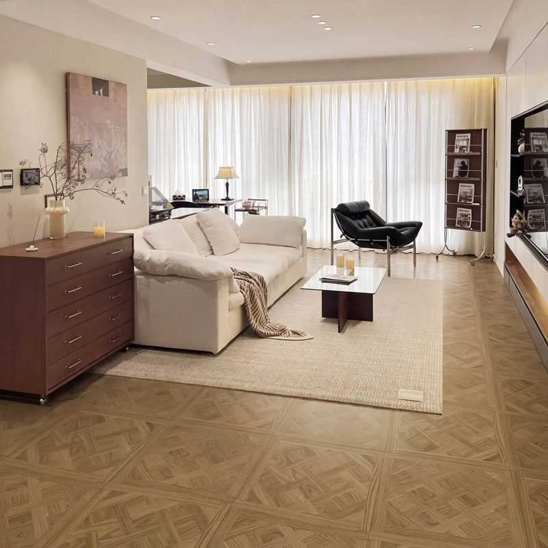 Natural Oak 12 mm T x 24 in. W x 48 in. L AC5 Basketweave Parquet Laminate Flooring (48 sq. ft./Case)