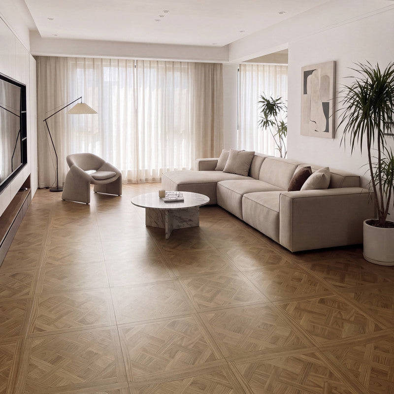 Natural Oak 12 mm T x 24 in. W x 48 in. L AC5 Basketweave Parquet Laminate Flooring (48 sq. ft./Case)